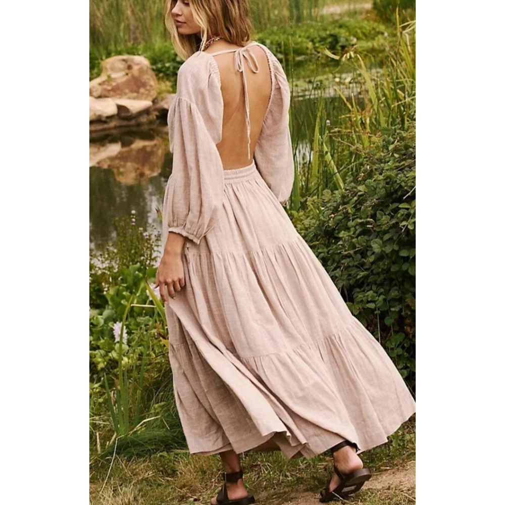Free People Ibiza Sun FREE-EST Dress Maxi Taupe Size Medium A003590 - Picture 2 of 12